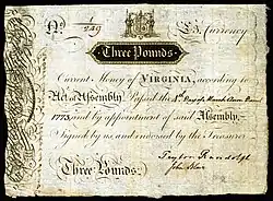 Virginia colonial currency, 3 pounds sterling, 1773 (obverse)