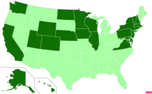 States in the United States by median family household income according to the U.S. Census Bureau American Community Survey 2013–2017 5-Year Estimates. States with median family household incomes higher than the United States as a whole are in full green.