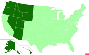 States in the United States by non-Protestant and non-Catholic Christian (e.g. Mormon, Jehovah's Witness, Eastern Orthodox) population according to the Pew Research Center 2014 Religious Landscape Survey. States with non-Catholic/non-Protestant Christian population greater than the United States as a whole are in full green.