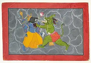 Varaha and Hiranyaksha.  Folio from a Bhagavata Purana Series by Manaku of Guler. Guler, c. 1740