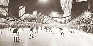 Hockey players on the ice surrounded by spectators