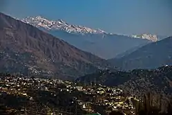 City in a mountain valley, with mountains in the background