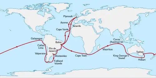 Route from Plymouth, England, south to Cape Verde then southwest across the Atlantic to Bahia, Brazil, south to Rio de Janeiro, Montevideo, the Falkland Islands, round the tip of South America then north to Valparaiso and Callao. Northwest to the Galapagos Islands before sailing west across the Pacific to New Zealand, Sydney, Hobart in Tasmania, and King George's Sound in Western Australia. Northwest to the Keeling Islands, southwest to Mauritius and Cape Town, then northwest to Bahia and northeast back to Plymouth.