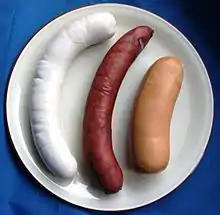 A St. Galler bratwurst, schüblig and cervelat, all cooked and served hot