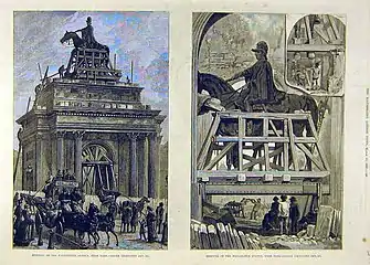 Lowering the statue in 1883