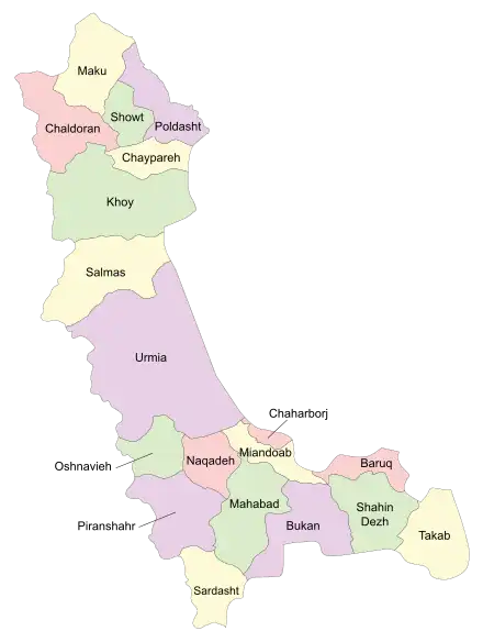 Location of Sardasht County in West Azerbaijan province (bottom, yellow)