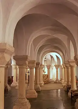 The groin-vaulted crypt of Worcester Cathedral