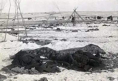 The scene three weeks afterwards, with several bodies partially wrapped in blankets in the foreground.