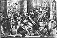 An imaged depiction of the attempted assassination by Piekarski on Sigismund in Warsaw. Piekarski holds a war hammer