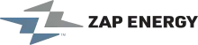 Logo design where two lightning bolt shapes, one grey and one blue, form a Z between them and the words Zap Energy