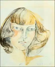 A stylized watercolor of a woman with brown bangs, neck-length hair, and wide-set blue eyes. She appears to be staring dreamily into the distance.