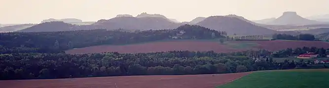 View from the Zirkelstein over the nearly table mountains of Saxon Switzerland