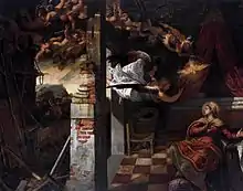 Tintoretto's Annunciation, with the ceilings and angels on the upper left showing a lack of detail.