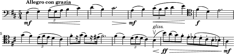 
    \relative c {
        \set Score.tempoHideNote = ##t \tempo 4 = 144
        \set Staff.midiInstrument = #"cello"
        \clef bass
        \key d \major
        \time 5/4
        fis4\mf(^\markup { \bold { Allegro con grazia } }
        g) \tuplet 3/2 { a8(\< g a } b4 cis)\!
        d( b) cis2.\>
        a4(\mf b) \tuplet 3/2 { cis8(\< b cis } d4 e)\!
        \clef tenor
        fis(\f d) e2. \break
        g4( fis) \tuplet 3/2 { e8( fis e } d4 cis)
        fis8-. [ r16 g( ] fis8) [ r16 eis( ] fis2.)
        fis4( e) \tuplet 3/2 { d8( e d } cis4) b\upbow(\<^\markup { \italic gliss. }
        b'8)\ff\> [a( g) fis-. ] e-. [ es-.( d-. cis-. b-. bes-.) ]
        a4\mf
}
