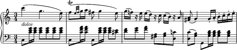 
 \relative c' {
  \new PianoStaff <<
   \new Staff { \key c \major \time 3/4
    c''4( g4. e8) f\trill ([ \grace { e32[ f] } g16 a] fis8 g4 e8)
    g16( f!) r e e( d) r c c( b) r a <a fis>8( g4) g16-. a-. b-. c-. d-. e-.
   }
   \new Dynamics {
    s4_\markup \italic dolce
   }
   \new Staff { \key c \major \time 3/4 \clef bass
    c,,8 <g'' e c>16 <g e c> <g e c>8 <g e c> <g e c> <g e c>
    c,,8 <a'' f c>16 <a f c> c,,8 <g'' e c>16 <g e c> <g e c>8 <e cis>
    <f d>[ <g e> <a f>] <a, fis> <b g> <c! d,>
    <c d,>( <b g>) g, <d'' b g>16 <d b g> <d b g>8 <d b g>
   }
  >>
 }
