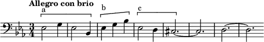 
\new Staff
  \relative c{
  \clef bass
  \key ees \major
  \time 3/4
  \tempo "Allegro con brio" \tempo 2 = 80
  \[^"a" ees2 g4 ees2 bes4 \] \[^"b" ees4 g bes \] \[^"c" ees,2 d4 cis2.~\] cis d2.~ d \bar "" 
}
