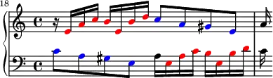 
{
      \new PianoStaff <<
        \new Staff <<
            \relative c' {
                \clef treble \key a \minor \time 4/4
                \set Score.currentBarNumber = #18
                \bar ""
                r16 \override NoteHead.color = #red e a c b e, b' d 
                \override NoteHead.color = #blue c8 a gis e  \override NoteHead.color = #black 
                a16
                }
            >>
        \new Staff <<
           \relative c' {
                \clef bass \key a \minor \time 4/4
                \override NoteHead.color = #blue c8 a gis e 
                \override NoteHead.color = #black a16 \override NoteHead.color = #red e a c b e, b' d  
                \override NoteHead.color = #black c
                }
            >>
    >> }
