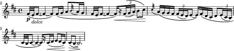 
\header { tagline = "" }
foo = \relative c' \new Staff {
  \key b \minor \time 4/4 \clef "treble"
  \set Staff.midiInstrument = "english horn"
  \set Score.tempoHideNote = ##t \tempo 4 = 44
  \set Score.currentBarNumber = #2 \bar ""
  \override TupletBracket #'stencil = ##f
  \override Score.SpacingSpanner #'common-shortest-duration = #(ly:make-moment 1 2)
  fis32\(\p e_\markup { \italic dolce } fis8. ~ fis4 ~ fis8\) fis16\( g a8 \acciaccatura { b32 } a16 g |
  fis32 e fis8. ~ fis4 ~ fis16[\)\< \set stemLeftBeamCount = #1 \set stemRightBeamCount = #1 r \set stemLeftBeamCount = #1 \times 2/3 { fis16(\( g a]) } b8 cis\) |
  \acciaccatura { cis32\! } a16\( g g fis \times 2/3 { fis( e d) } e8 ~ e16\) fis\( d cis d8 \times 2/3 { e16( cis b) } | \break
  cis32 b cis8. ~ cis4 ~ cis16[\) \set stemLeftBeamCount = #1 \set stemRightBeamCount = #1 r \set stemLeftBeamCount = #1 cis(\< d] e8 d16 cis) |
  cis8(\> b ~ b2.)\!
}
\score {
  \foo
  \layout {
    indent = 0\cm
    ragged-last = ##t
  }
}
\score {
  \foo
  \midi { }
}
