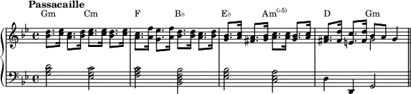  {
\new PianoStaff << 
 \new Staff = "chords" << \magnifyStaff #3/4
  \new Voice \relative c' { 
   \set Staff.midiInstrument = #"harpsichord" \key g \minor
   \mark \markup { \abs-fontsize #10 { \bold { Passacaille } } }
   <bes' d>8. <c ees>16 <a c>8. <bes d>16 <c ees>8. <c ees>16 <bes d>8. <c ees>16 |
   <a c>8. <a f'>16 <g ees'>8. <a f'>16 <bes d>8. <bes d>16 <a c>8. <bes d>16 |
   <g bes>8. <a c>16 <fis a>8. <g bes>16 <a c>8. <a c>16 <g bes>8. <a c>16 |
   <fis a>8. <fis d'>16 <e c'>8. <fis d'>16 bes8 a g4 \bar "||"
} 
  \new Voice \relative c' { 
   s1 s s s2 \stemDown g'2
} 
 \new Staff \relative c' { \magnifyStaff #3/4
   \set Staff.midiInstrument = #"harpsichord" \key g \minor \clef F
   <g bes d>2 <ees g c> <f a c> <bes, d f bes> <ees g bes> <c ees a> d4 d, g2
} 
 \addlyrics \with { alignAboveContext = "chords" } { \override LyricText.font-size = #-1.5 Gm Cm F B♭ E♭ \markup{\concat{Am\super{(♭5)}}} D _ Gm }
>> >> }
