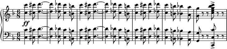 
{
{ \new PianoStaff <<
  \new Staff {
    \relative c'' {
       \set Score.tempoHideNote = ##t \tempo 4. = 120
       \clef treble \time 6/8 \key f \major 
       <c c'>4\ff <cis cis'>8 <d d'>4.~ 
       <d d'>4 <des des'>8 <c c'>4 <b b'>8 
       <c c'>4 <cis cis'>8 <d d'>4.~ 
       <d d'>4 <des des'>8 <c c'>4 <b b'>8
       <c c'>4 <cis cis'>8 <d d'>4 <des des'>8 
       <c c'>4 <b b'>8 <bes bes'>4 <a a'>8
       <g g'>8 r r <c e g bes c>-> r r
       }
  }
  \new Staff { 
    \relative c {
       \clef bass \time 6/8 \key f \major 
       <c c'>4 <cis cis'>8 <d d'>4.~ 
       <d d'>4 <des des'>8 <c c'>4 <b b'>8 
       <c c'>4 <cis cis'>8 <d d'>4.~ 
       <d d'>4 <des des'>8 <c c'>4 <b b'>8
       <c c'>4 <cis cis'>8 <d d'>4 <des des'>8 
       <c c'>4 <b b'>8 <bes bes'>4 <a a'>8
       <g g'>8 r r <c, c' c'>-> r r
       }
  }
>> } }
