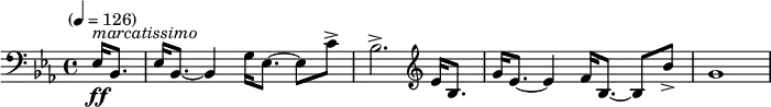  \new Staff \relative c {
  \clef bass \time 4/4 \key ees \major \tempo "" 4=126 \partial 4 \set Staff.midiInstrument = #"trombone"
  ees16-\ff^\markup { \italic "marcatissimo" } bes8. ees16 bes8.~bes4 g'16 ees8.~ees8 c'8-> bes2.->
  \clef treble ees16 bes8. g'16 ees8.~ees4 f16 bes,8.~bes8 bes'8-> g1
} 