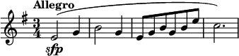 
\relative c' {
  \time 3/4
  \tempo "Allegro"
  \key e \minor
  e2\sfp (g4 b2 g4 e8 g b g b e c2.)
}
