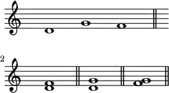 
\layout {
line-width = 60\mm
indent = 0\mm
}
\relative c''{
\clef treble \time 3/1 \hide Staff.TimeSignature
d,1 g f \bar "||" \break
\time 1/1 <d f> \bar "||" <d g> \bar "||" <f g> \bar "||"
}
