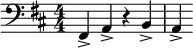  \relative c { \clef bass \key d \major \numericTimeSignature \time 4/4 \set Staff.midiInstrument = #"orchestral harp" fis,4-> a-> r b-> | a-> } \midi{\tempo 4 = 88} 