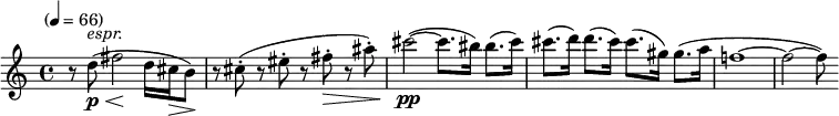  \new Staff \relative c'' {
  \clef treble \time 4/4 \key c \major \tempo "" 4=66 \set Staff.midiInstrument = #"oboe"
  r8 d-\p^\markup{\italic"espr."}\<(fis2\! d16 cis\> b8\!)
  r8 cis-.( r8 eis-. r8 fis-.\> r8 ais-.) cis2-\pp~(cis8. bis16) bis8.(cis16) cis8.(d16) d8.(cis16) cis8.(gis16) gis8.(a16 f!1~f2~f8)
} 