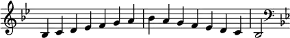   {
\omit Score.TimeSignature \relative c' {
  \key bes \major \time 7/4 bes c d es f g a bes a g f es d c bes2
  \clef F \key bes \major
} }
