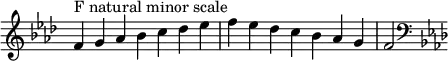  {
\omit Score.TimeSignature \relative c' {
  \key f \minor \time 7/4 f^"F natural minor scale" g aes bes c des es f es des c bes aes g f2
  \clef F \key f \minor
} }
