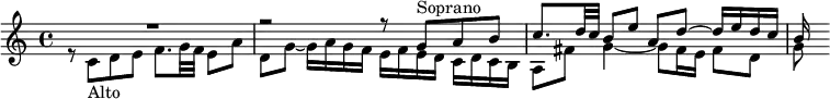 
{
#(set-global-staff-size 17)
\relative{
\new Staff \clef treble \key c \major \tempo 4=70 \set Score.tempoHideNote = ##t
      \override Score.BarNumber  #'transparent = ##t
  <<
    { \voiceOne R1 r2 r8 g'^"Soprano" a b c8. d32 c b8 e a, d ~ d16 e d c b}
  \new Voice= "Alto"
    { \voiceTwo r8 c,_"Alto" d e f8. g32 f e8 a8 d,8 g ~ g16 a g f e f e d c d c b a8 fis' g4~ g8 fis16 e fis8 d g}
  >>
} }
