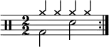 
    \new Staff <<
       \new voice \relative c' {
           \clef percussion
           \numericTimeSignature
           \time 2/2
           \set Score.tempoHideNote = ##t \tempo 2 = 100
           \stemDown \repeat volta 2 { g2 d' }
       }
       \new voice \relative c'' {
           \override NoteHead.style = #'cross
           \stemUp \repeat volta 2 { a4 a a a }
       }
   >>