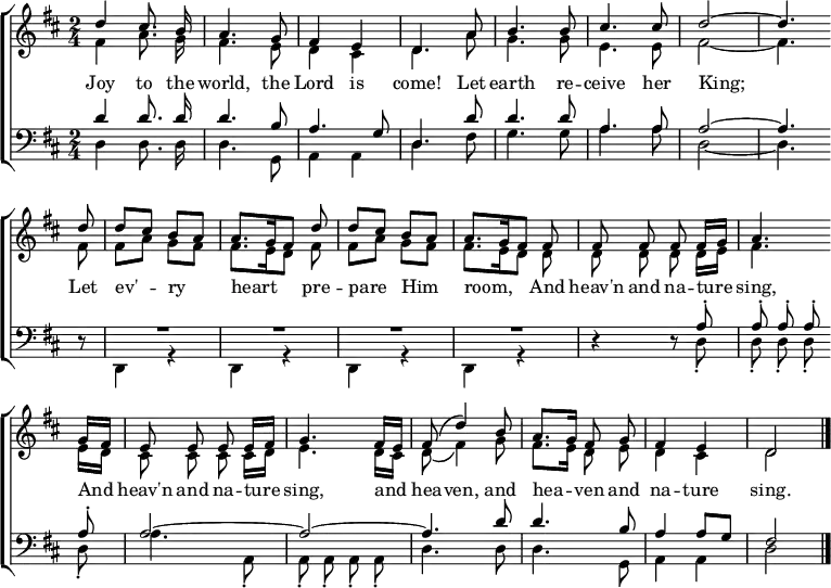 
% Source: Lowell Mason, "The Modern Psalmist" (1839), No. 144
%   https://archive.org/details/modernpsalmistco00maso/page/143/mode/1up
% Also: http://cantorion.org/music/3710/Joy-to-the-World-Voice-SATB
\header { tagline = ##f }
\layout { indent = 0
  \context { \Score \remove "Bar_number_engraver" }
  \context { \Voice \remove "Dynamic_engraver" }
}
global = { \key d \major \numericTimeSignature \time 2/4 \autoBeamOff}

soprano = \relative c'' { \global
  d4 cis8. b16 | a4. g8 | fis4 e | d4.
  a'8 | b4. b8 | cis4. cis8 | d2~ | d4. \bar "" \break
  \repeat unfold 2 { d8 | d [cis] b [a] | a8. [g16 fis8] } \bar ""
  fis8 | fis fis fis fis16 [g] | a4. \bar ""
  g16 [fis] | e8 e e e16 [fis] | g4.
  fis16 [e] | fis8\( d'4\) b8 | a8. [g16] fis8 g | fis4 e | d2 \bar "|."
}

alto = \relative c' { \global
  fis4 a8. g16 | fis4. e8 | d4 cis | d4.
  a'8 g4. g8 | e4. e8 | fis2~ | fis4.
  \repeat unfold 2 { fis8 | fis [a] g [fis] | fis8. [e16 d8] }
  d8 | d d d d16 [e] | fis4.
  e16 [d] | cis8 cis cis cis16 [d] | e4.
  d16 [cis] | d8 \(fis4\) g8 | fis8. [e16] d8 e | d4 cis | d2 \bar "|."
}

tenor = \relative c' { \global
  d4 d8. d16 | d4. b8 | a4. g8 | d4.
  d'8 | d4. d8 | a4. a8 | a2~ | a4.
  r8 | R2*4 | r4
  r8 a8-. | a-. a-. a-. a-. | a2~ | a2~ | a4.
  d8\ppp | d4. b8 | a4 a8 [g] | fis2 \bar "|."
}

bass = \relative c {
  \global
  d4 d8. d16 | d4. g,8 | a4 a | d4.
  fis8 | g4. g8 | a4. a8 | d,2~ | d4.
  r8 | d,4 r | d r | d r | d r |
  r r8 d'8-. | d-. d-. d-. d-. | a'4.
  a,8-. | a-. a-. a-. a-. | d4.
  d8 | d4. g,8 | a4 a | d2 \bar "|."
}

verse = \lyricmode {
  Joy to the world, the Lord is come!
  Let earth re -- ceive her King;
  Let ev' -- ry heart pre -- pare Him room,
  \repeat unfold 2 { And heav'n and na -- ture sing, }
  and hea -- ven, and hea -- ven and na -- ture sing.
}

\score {
  \new ChoirStaff <<
    \new Staff \with { midiInstrument = "trumpet" }
    <<
      \new Voice = "soprano" { \voiceOne \soprano }
      \new Voice = "alto" { \voiceTwo \alto }
    >>
    \new Lyrics \with { \override VerticalAxisGroup #'staff-affinity = #CENTER }
      \lyricsto "soprano" \verse
    \new Staff \with { midiInstrument = "trombone" \consists "Merge_rests_engraver" }
    <<
      \clef bass
      \new Voice = "tenor" { \voiceOne \tenor }
      \new Voice = "bass" { \voiceTwo \bass }
    >>
  >>
  \layout { }
  \midi { \tempo 4=102 }
}
