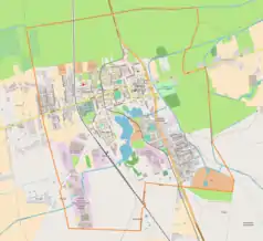 Mapa konturowa Łęczycy, blisko centrum na dole znajduje się punkt z opisem „Łęczyca”