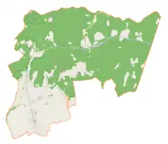 Mapa konturowa gminy Łękawica, w centrum znajduje się punkt z opisem „Przełęcz Płonna”