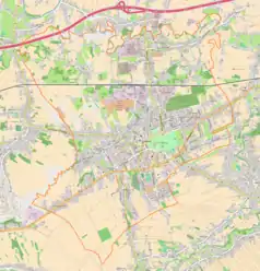 Mapa konturowa Łańcuta, w centrum znajduje się punkt z opisem „Parafiaśw. Stanisława Biskupaw Łańcucie”