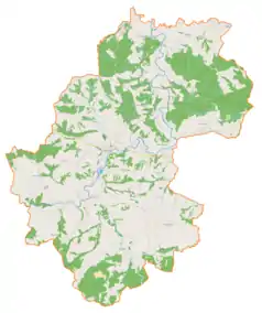 Mapa konturowa gminy Łapanów, po lewej nieco na dole znajduje się punkt z opisem „Cmentarz wojenny nr 343 – Kępanów”