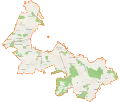 Mapa konturowa gminy wiejskiej Łomża, blisko dolnej krawiędzi nieco na prawo znajduje się punkt z opisem „Modzele-Wypychy”