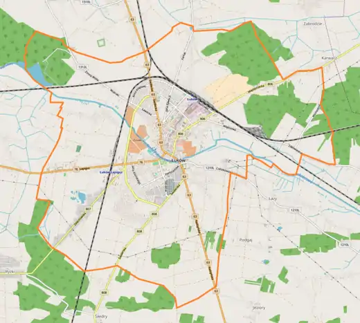 Mapa konturowa Łukowa, blisko centrum u góry znajduje się punkt z opisem „Osiedle Leona Klimeckiego”