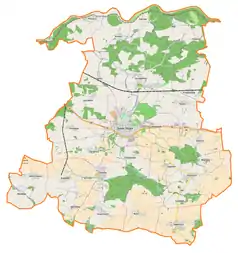 Mapa konturowa gminy Środa Śląska, po prawej znajduje się punkt z opisem „Parafia św. Marcina”