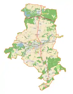 Mapa konturowa gminy Świebodzin, w centrum znajduje się punkt z opisem „Zbór Kościoła Zielonoświątkowego w Świebodzinie”