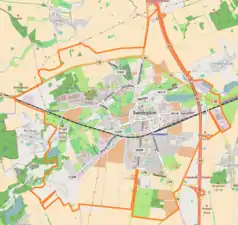 Mapa konturowa Świebodzina, blisko centrum na prawo znajduje się punkt z opisem „Zbór Kościoła Zielonoświątkowego w Świebodzinie”