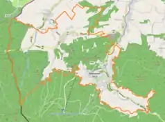 Mapa konturowa Świeradowa-Zdroju, na dole po lewej znajduje się punkt z opisem „Przejście graniczneStóg Izerski-Smrk”