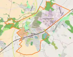 Mapa konturowa Żarowa, blisko centrum na dole znajduje się punkt z opisem „Żarów”