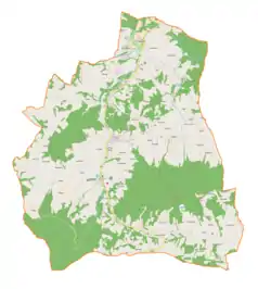 Mapa konturowa gminy Żegocina, na dole nieco na prawo znajduje się punkt z opisem „Przełęcz Rozdziele”