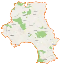 Mapa konturowa gminy Żerków, po prawej nieco na dole znajduje się punkt z opisem „Prusinów”