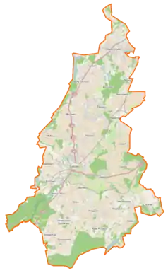 Mapa konturowa gminy Żukowo, u góry po prawej znajduje się punkt z opisem „Kowale”