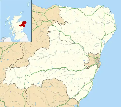 Mapa konturowa Aberdeenshire, na dole po prawej znajduje się punkt z opisem „Ruiny Dunnottar Castle”