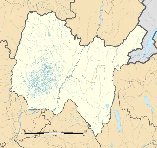 Mapa konturowa Ain, blisko centrum na prawo u góry znajduje się punkt z opisem „Oyonnax”